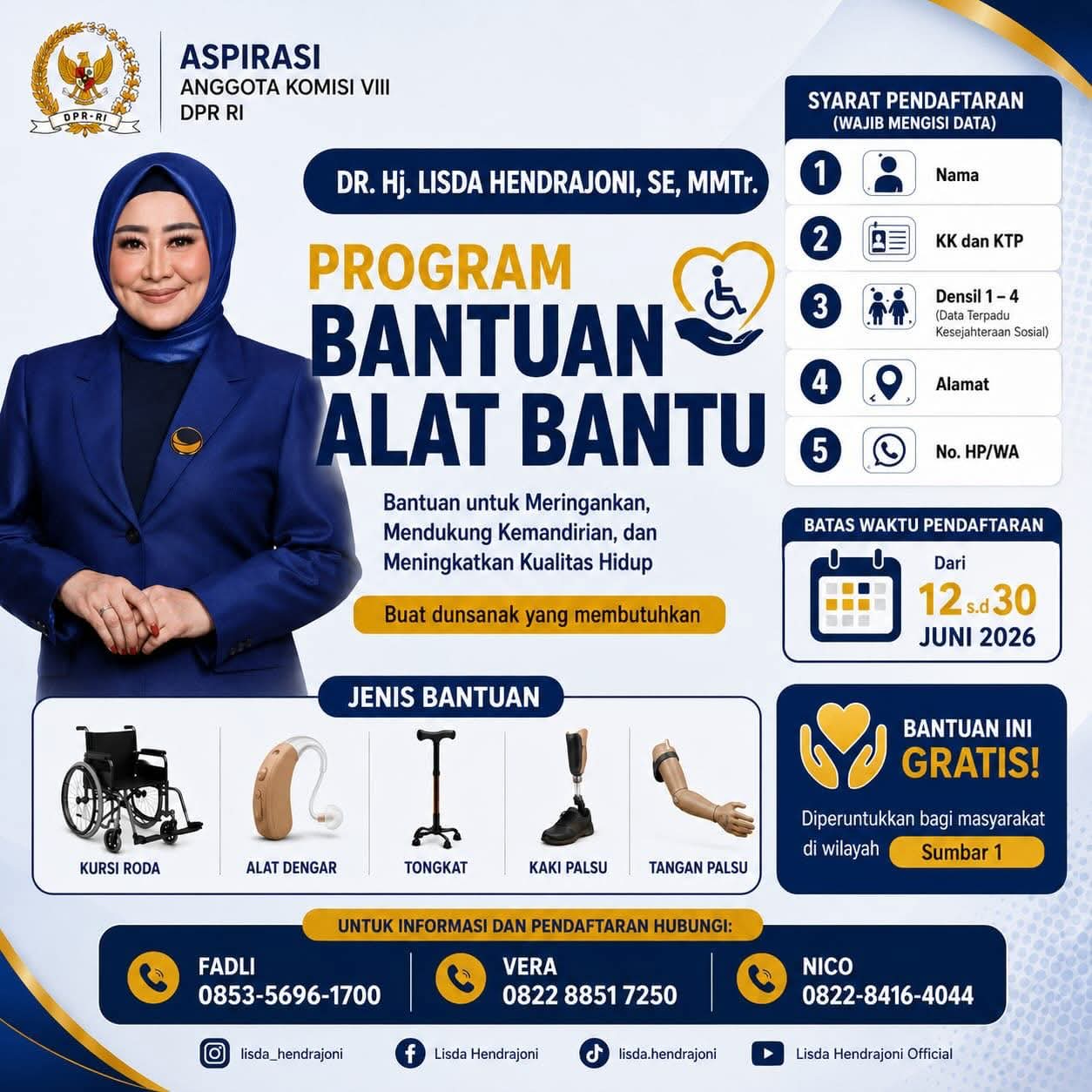 Tingkatkan Kualitas Hidup Warga, Lisda Hendrajoni Gulirkan Program Alat Bantu Gratis