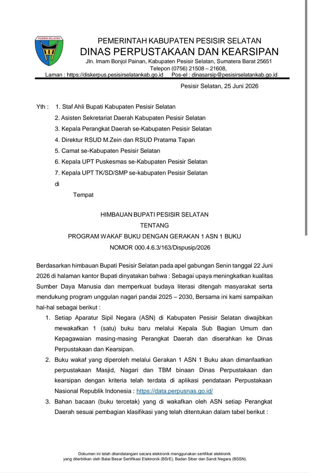 Pemkab Pesisir Selatan Canangkan Gerakan 1 ASN Wakaf 1 Buku, Perkuat Budaya Literasi