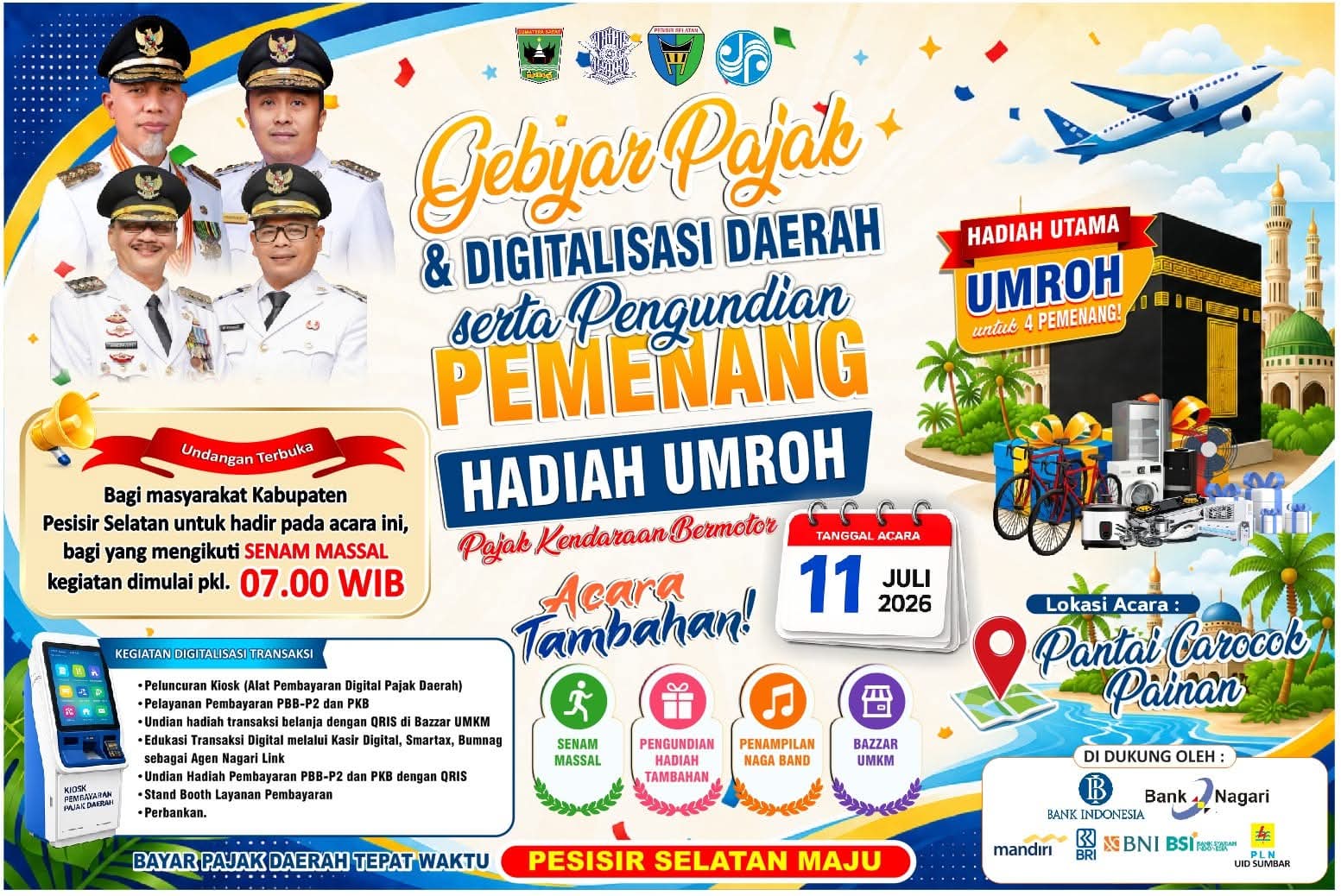 Gebyar Pajak dan Digitalisasi Daerah Pesisir Selatan Berhadiah Umroh Digelar 11 Juli di Pantai Carocok Painan