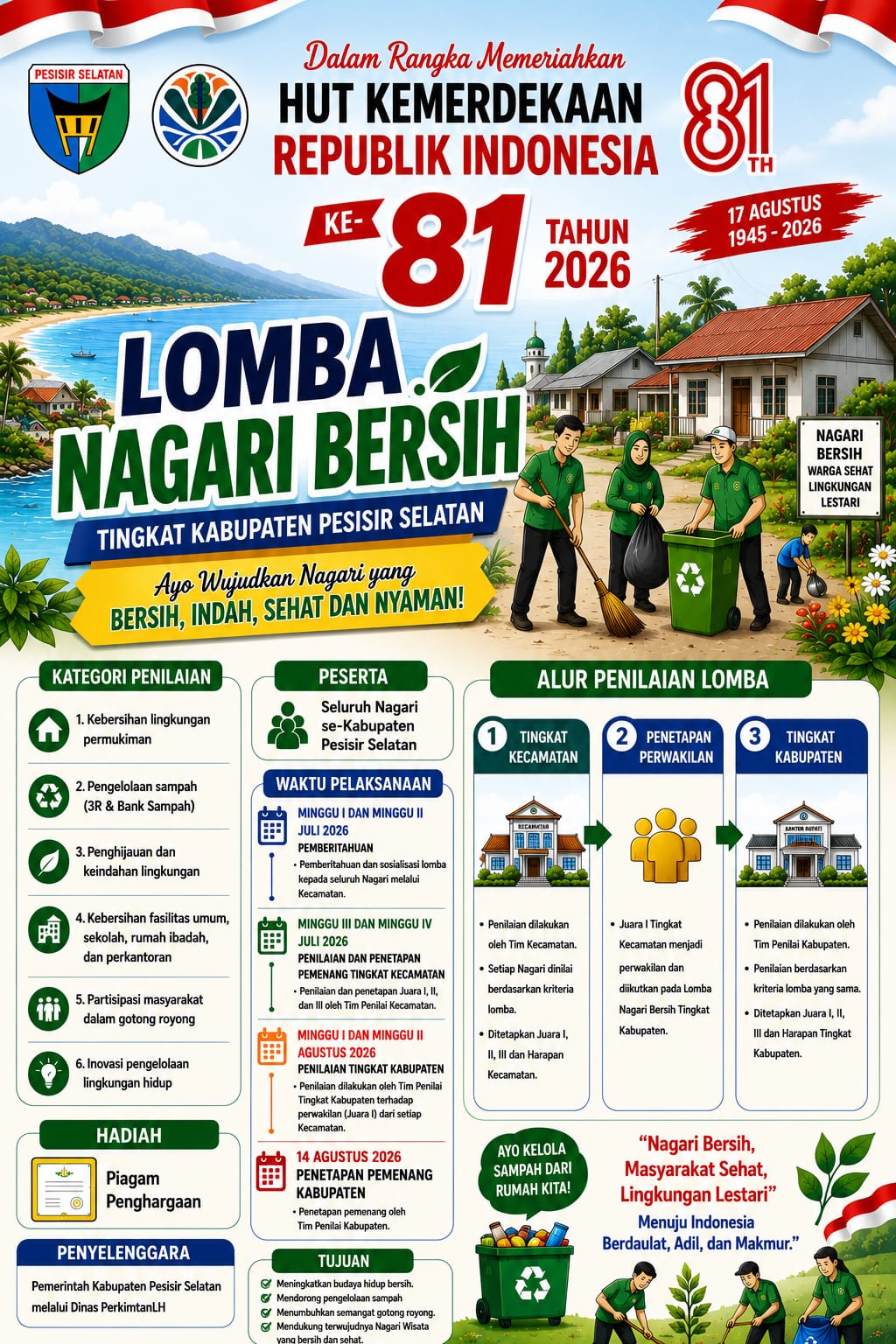 Sambut HUT ke-81 RI, Pemkab Pesisir Selatan Luncurkan Lomba Nagari Bersih 2026