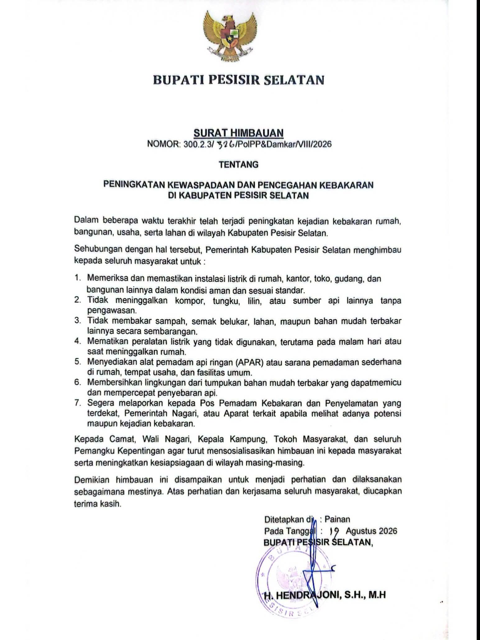 Bupati Hendrajoni Keluarkan Imbauan, Warga Pessel Diminta Tingkatkan Kewaspadaan terhadap Kebakaran