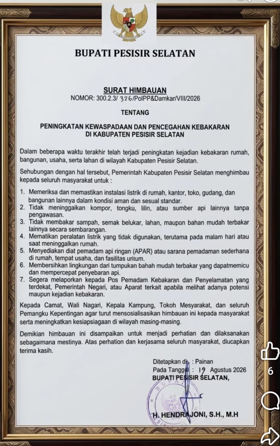 Kebakaran Meningkat, Ini 7 Poin Imbauan Bupati Pesisir Selatan yang Perlu Dilakukan Warga