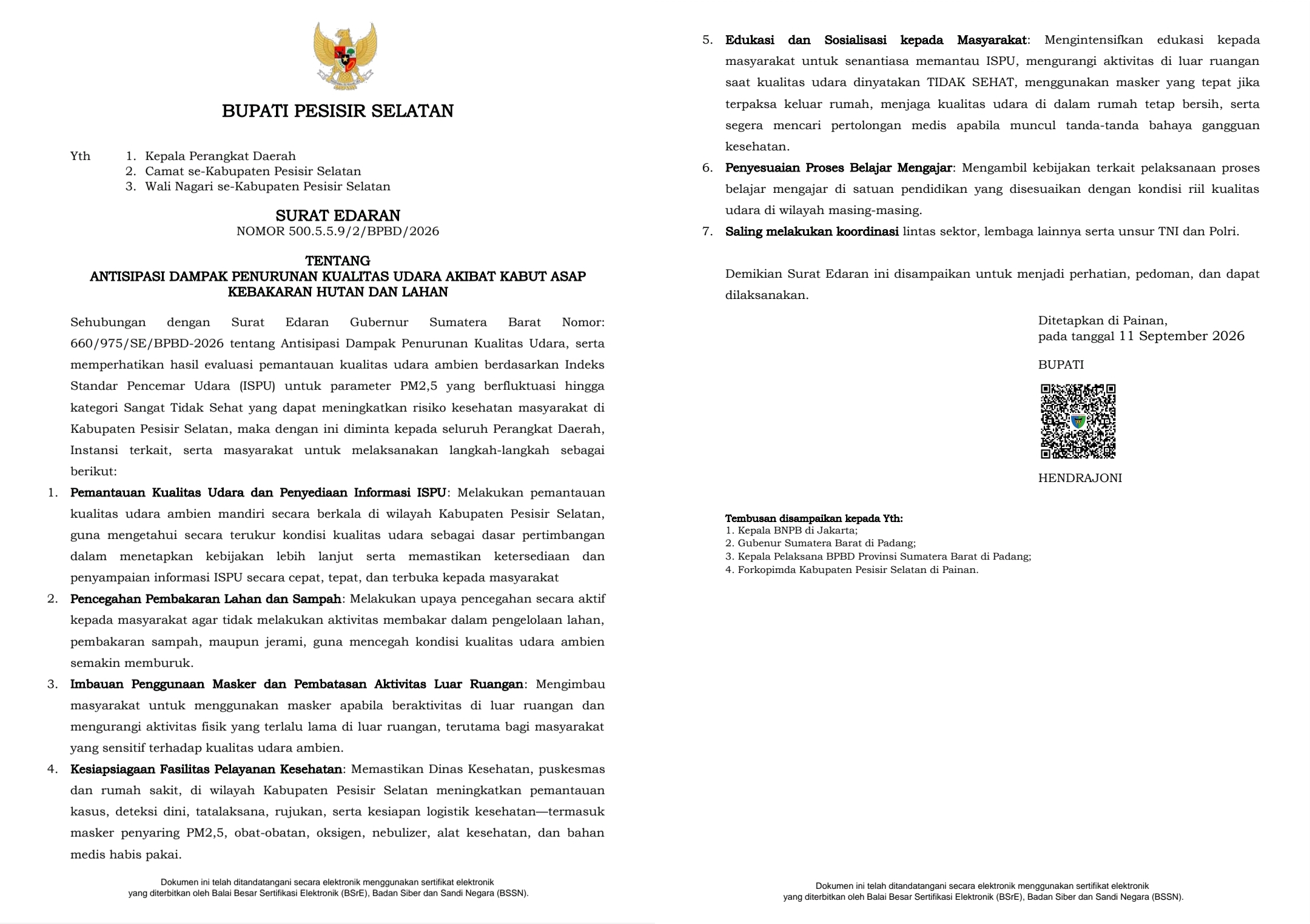 Pemkab Pesisir Selatan Keluarkan Surat Edaran Antisipasi Dampak Kabut Asap Karhutla