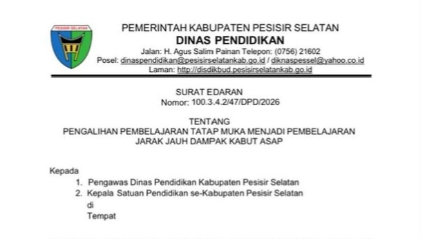 Antisipasi Kabut Asap, Disdik Pessel Alihkan Pembelajaran Tatap Muka ke PJJ Mulai 17 Oktober 2026