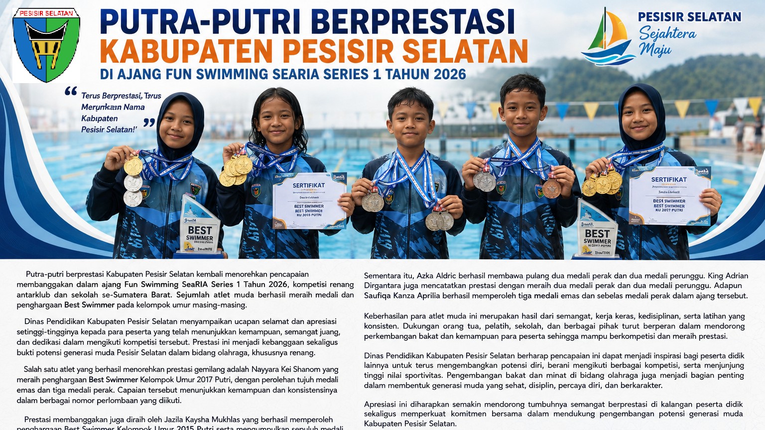 Generasi Berprestasi, Atlet Renang Pesisir Selatan Sabet Medali Emas, Perak, dan Perunggu