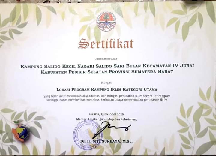 Kampung Salido Kecil Raih Sertifikat Kampung Iklim Kategori Utama Dari KLHK RI 