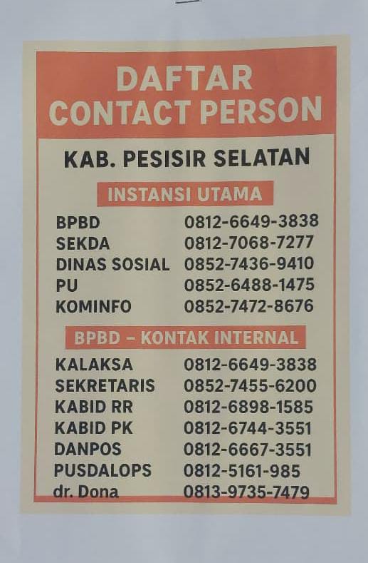 Pemkab Pesisir Selatan Rilis Daftar Kontak Penting Penanganan Bencana